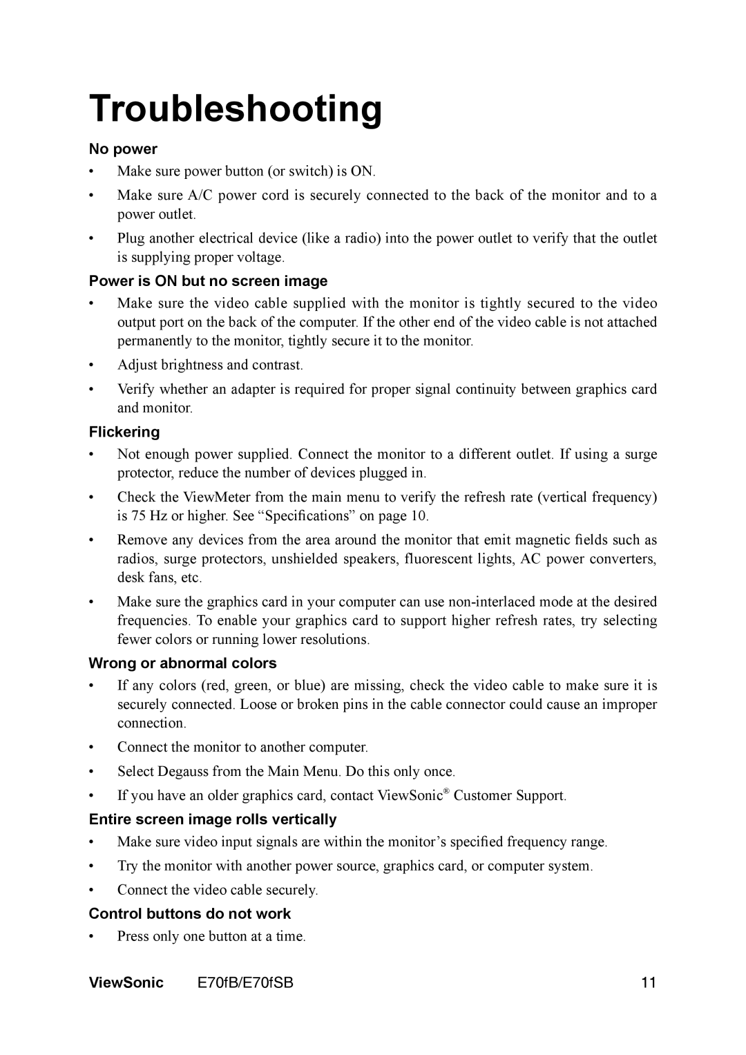 ViewSonic E70fb manual Troubleshooting 