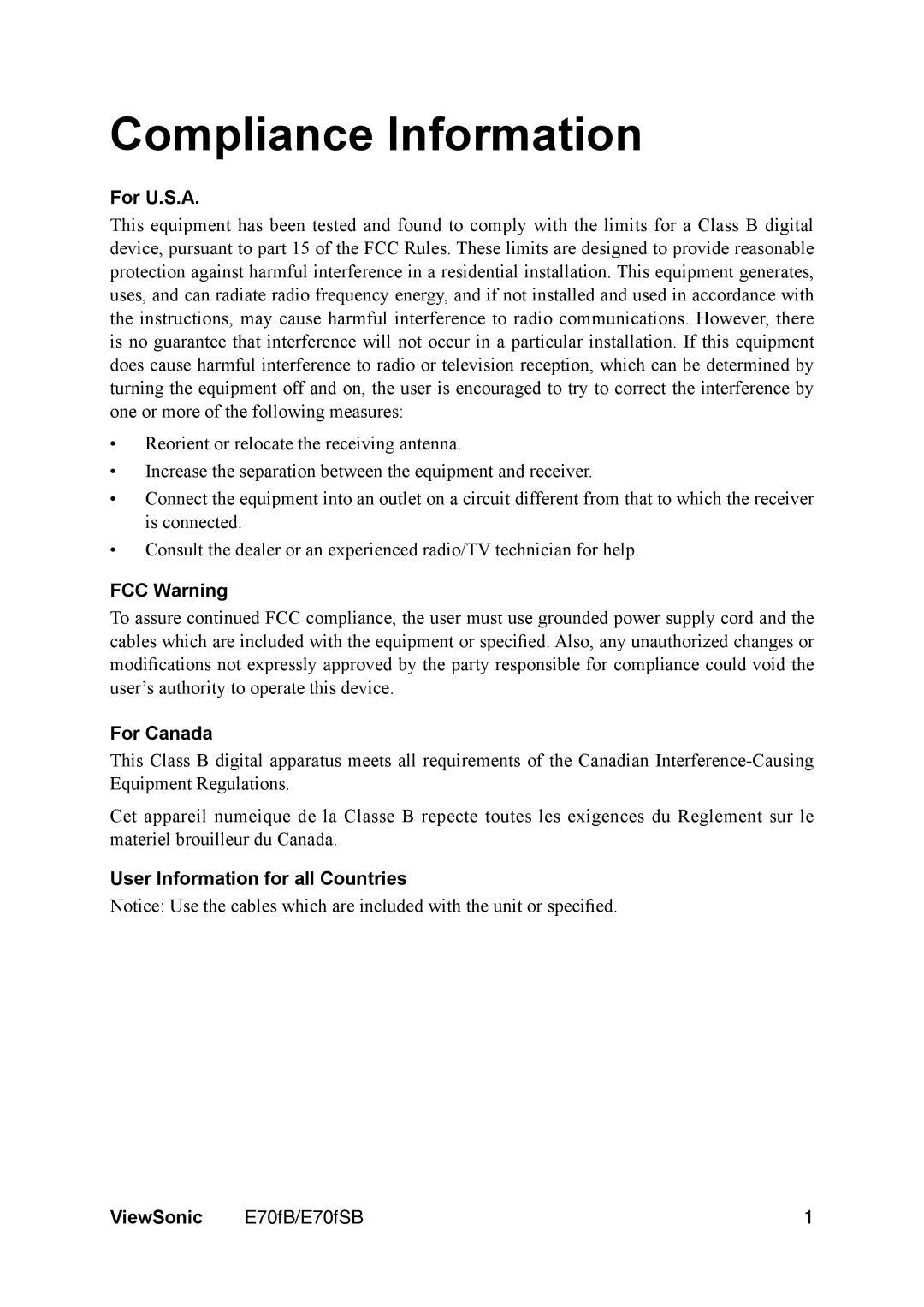 ViewSonic E70fb Compliance Information, For U.S.A, FCC Warning, For Canada, User Information for all Countries ViewSonic 