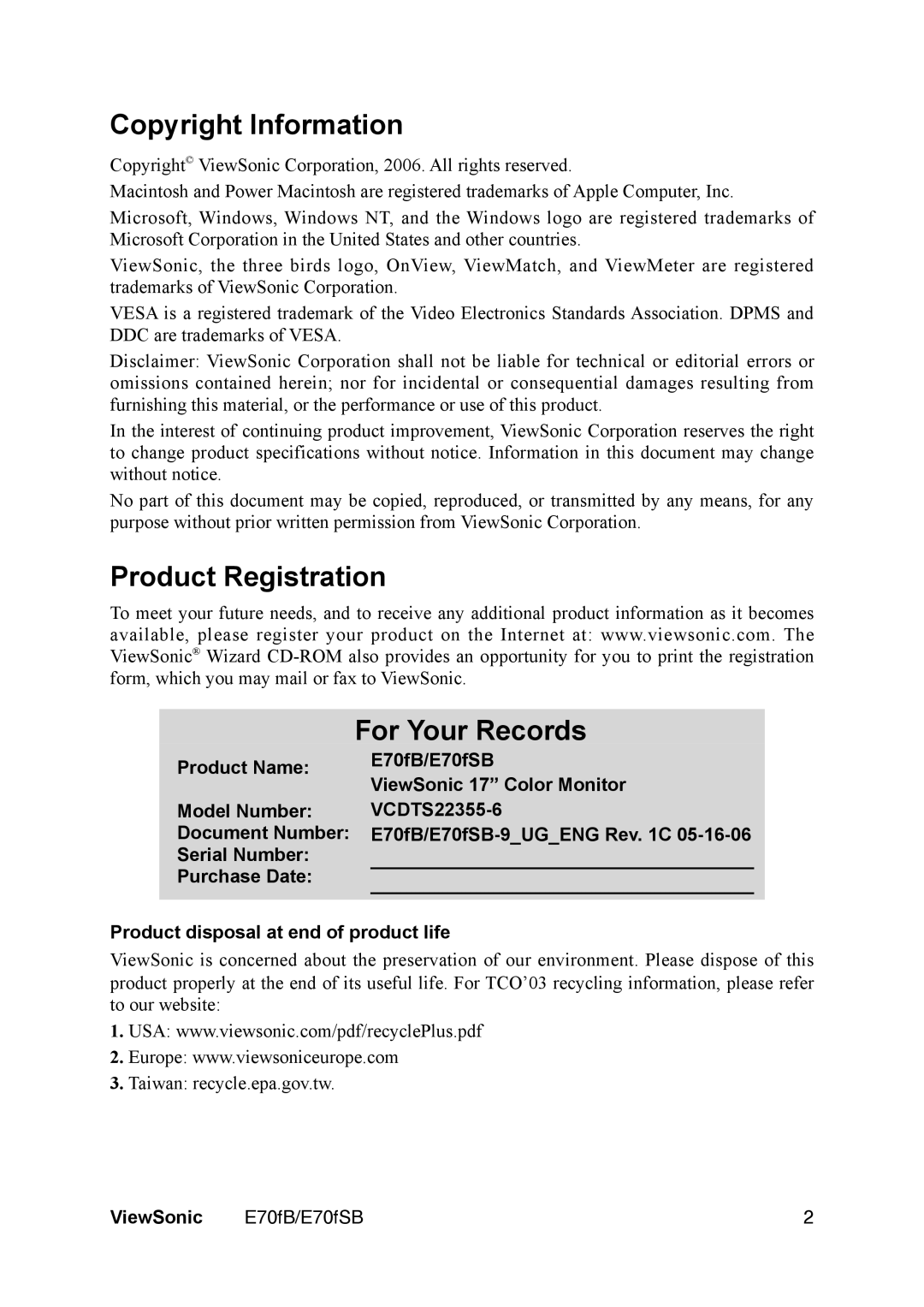 ViewSonic E70fb manual Copyright Information, Product Registration For Your Records 