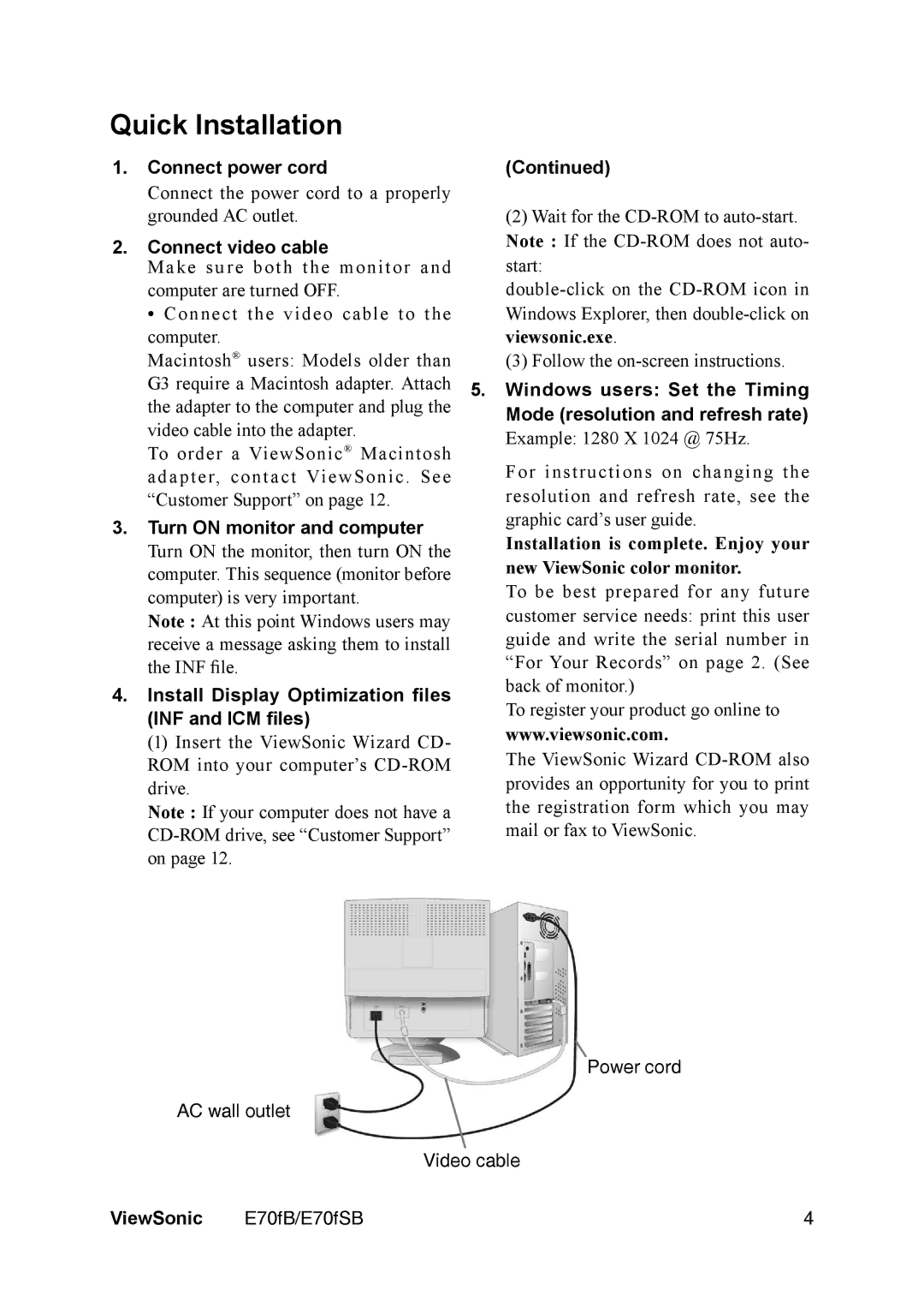 ViewSonic E70fb manual Quick Installation 