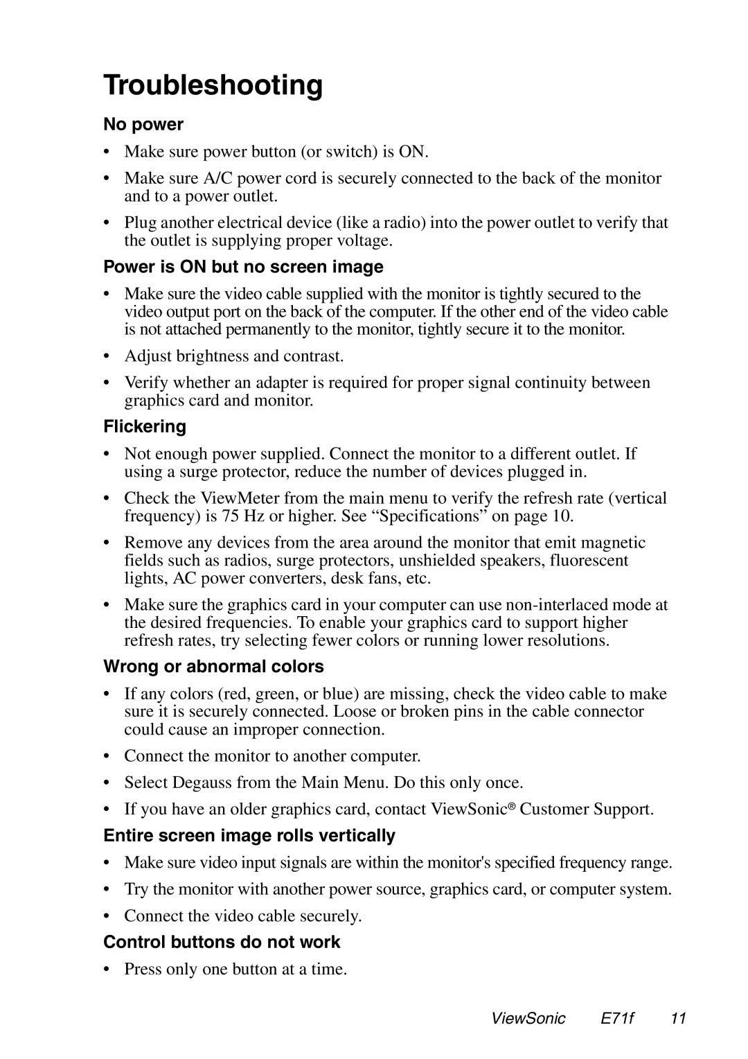 ViewSonic E71F manual Troubleshooting 