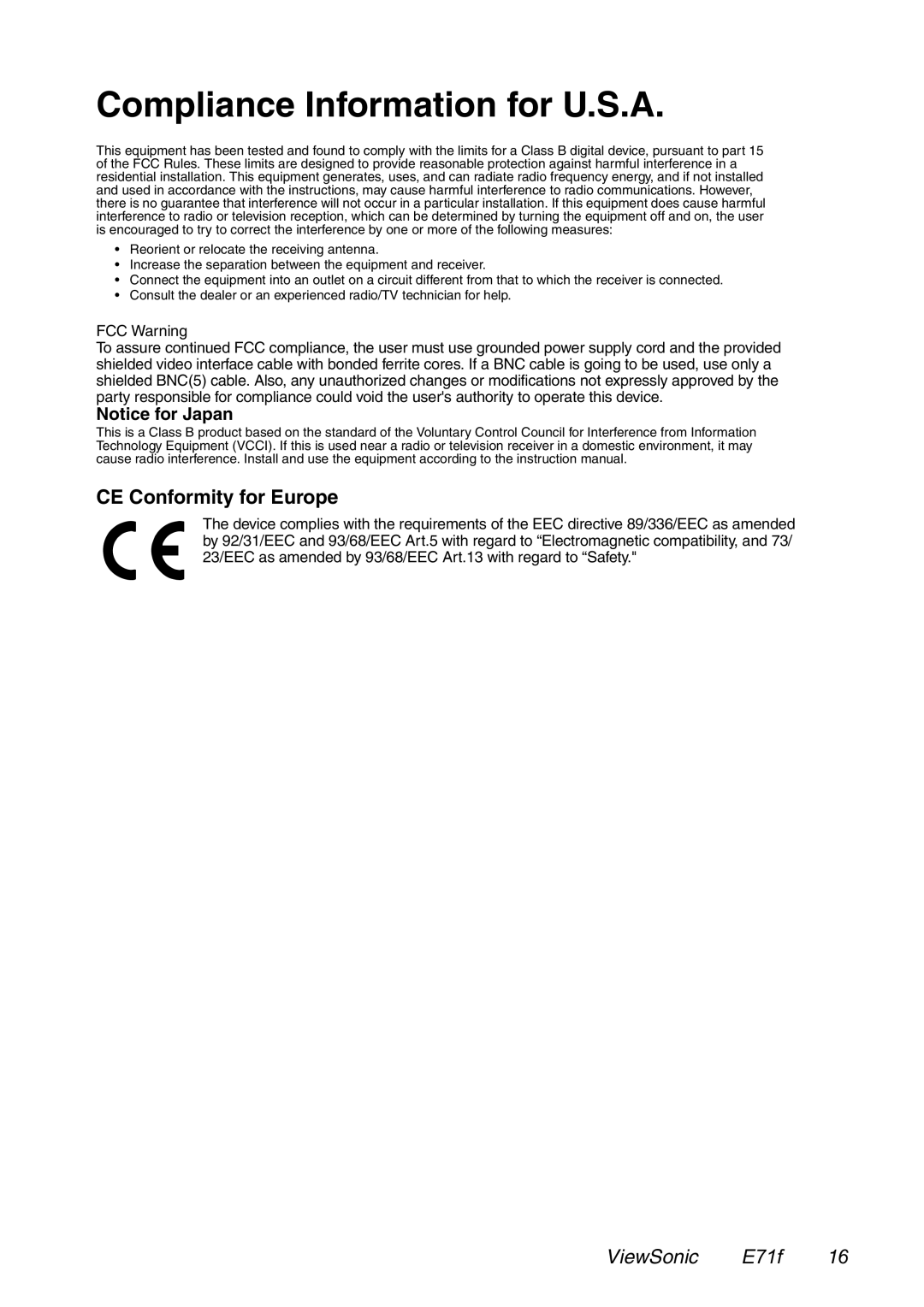 ViewSonic E71F manual Compliance Information for U.S.A, CE Conformity for Europe 