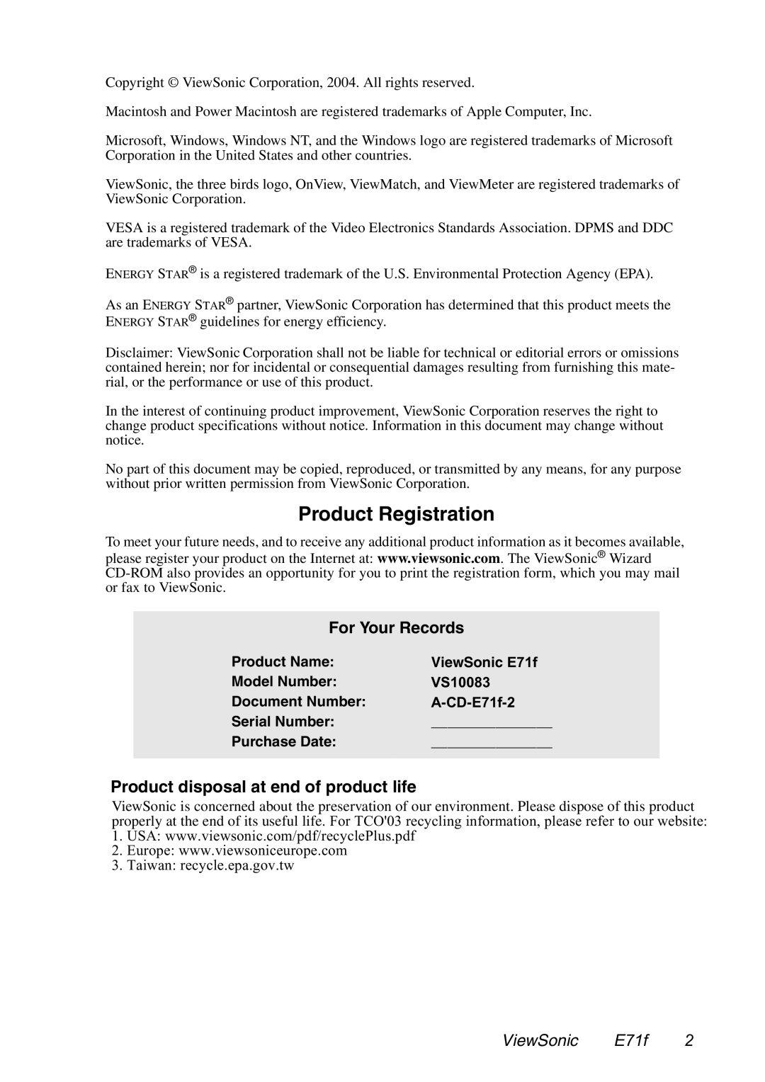 ViewSonic E71F manual For Your Records, Product disposal at end of product life 