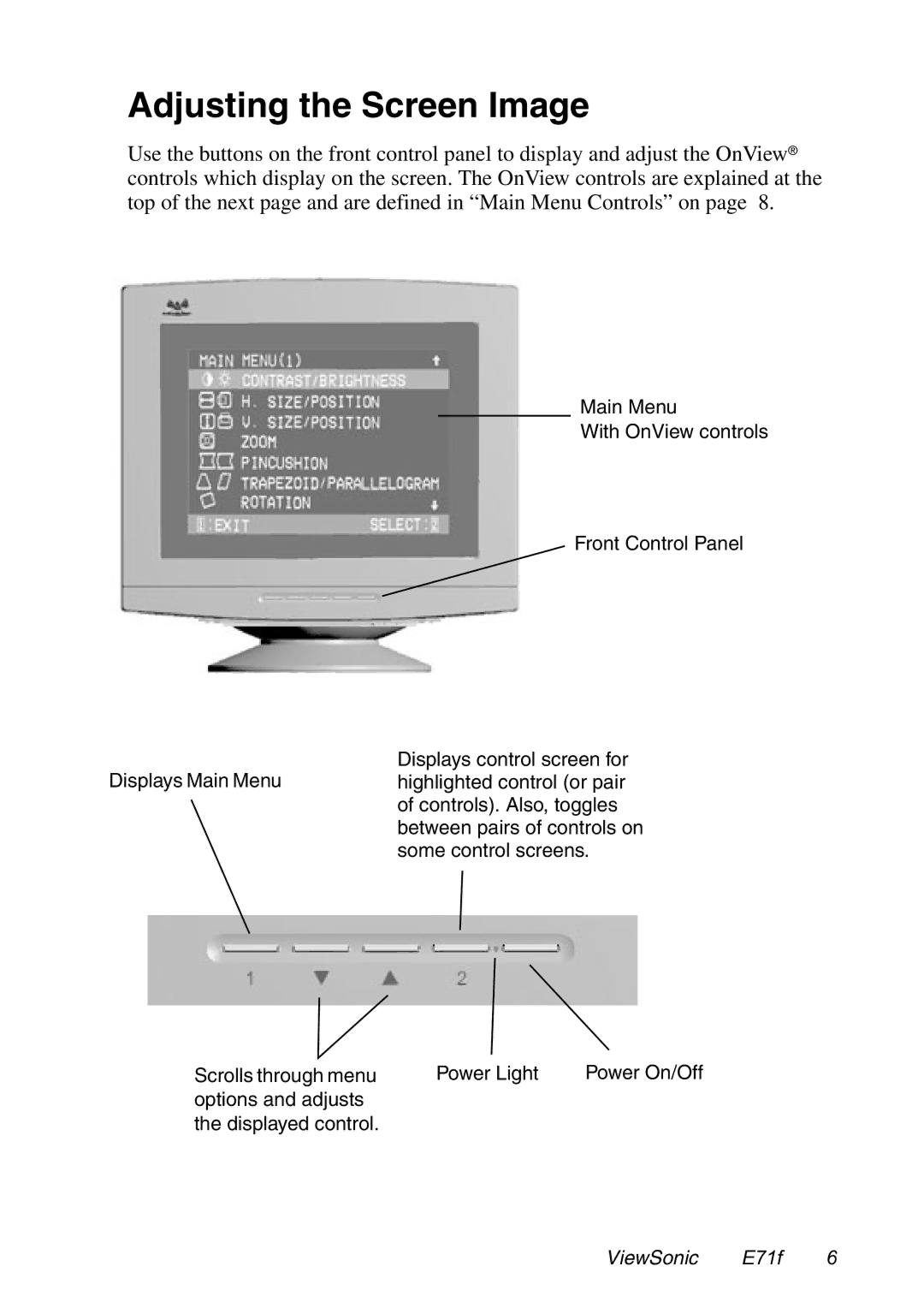 ViewSonic E71F manual Adjusting the Screen Image 