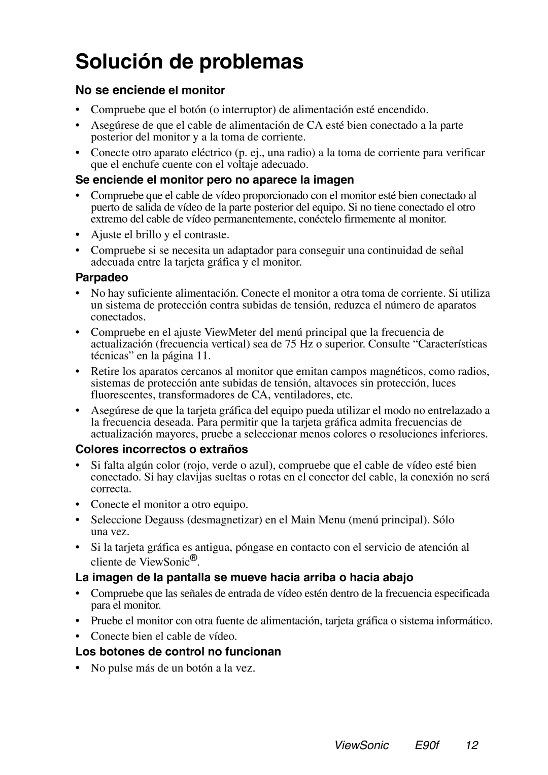 ViewSonic E90f / E90fB manual Solución de problemas, No se enciende el monitor 