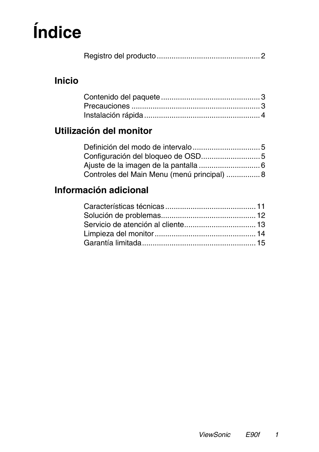 ViewSonic E90f / E90fB manual Índice, Utilización del monitor 