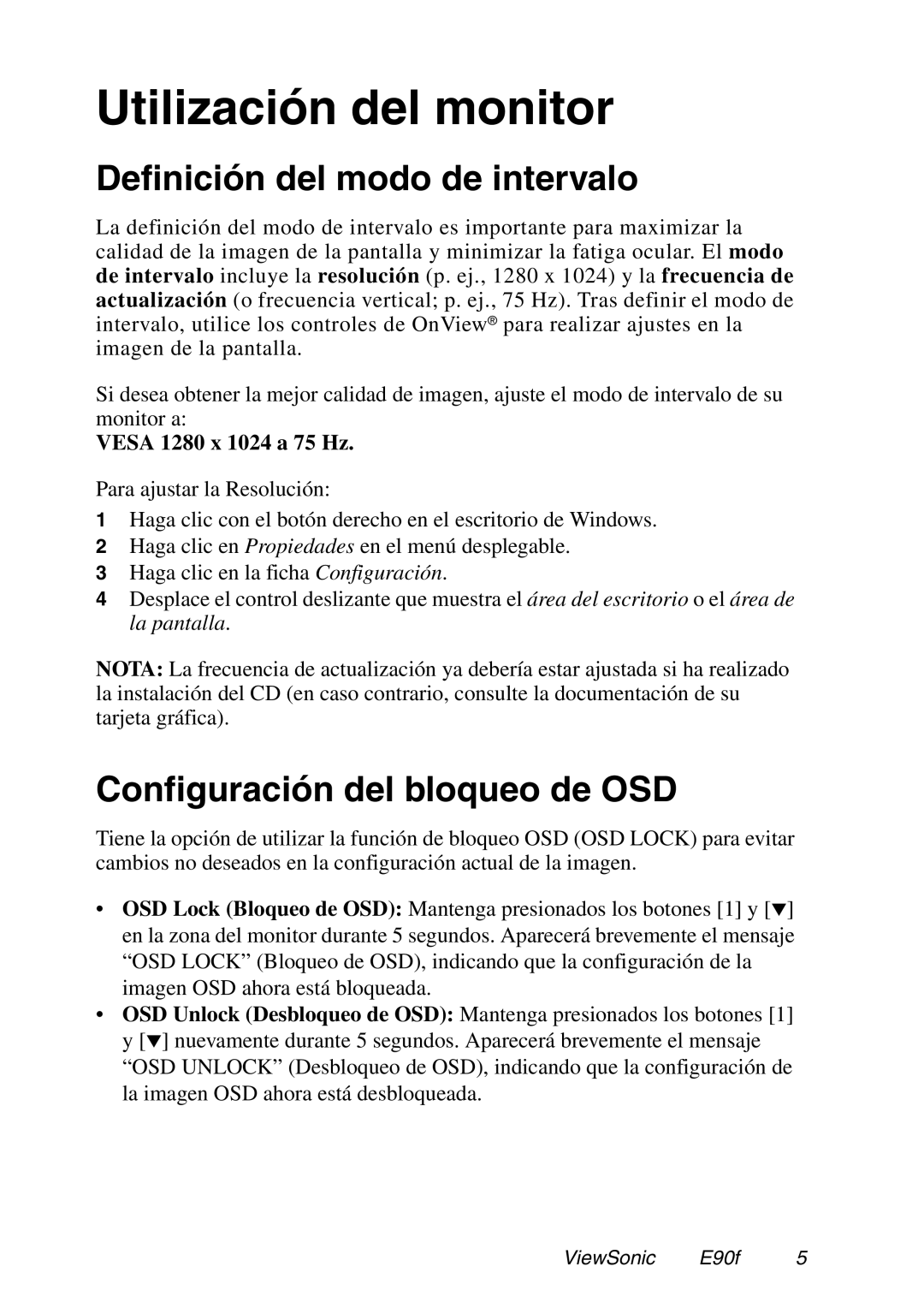 ViewSonic E90f / E90fB manual Utilización del monitor, Definición del modo de intervalo, Configuración del bloqueo de OSD 