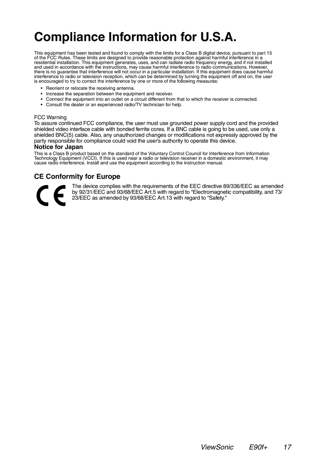 ViewSonic manual Compliance Information for U.S.A, CE Conformity for Europe, ViewSonic E90f+ 