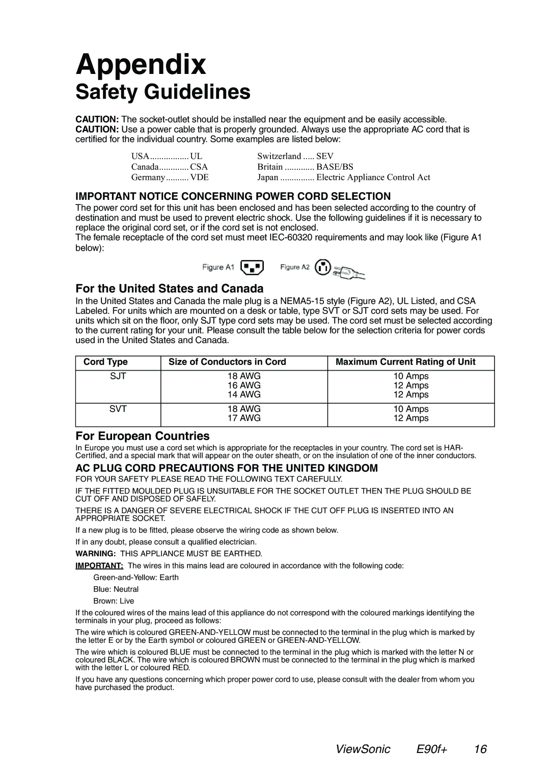 ViewSonic E90f+ manual Appendix, Safety Guidelines, For the United States and Canada, For European Countries 