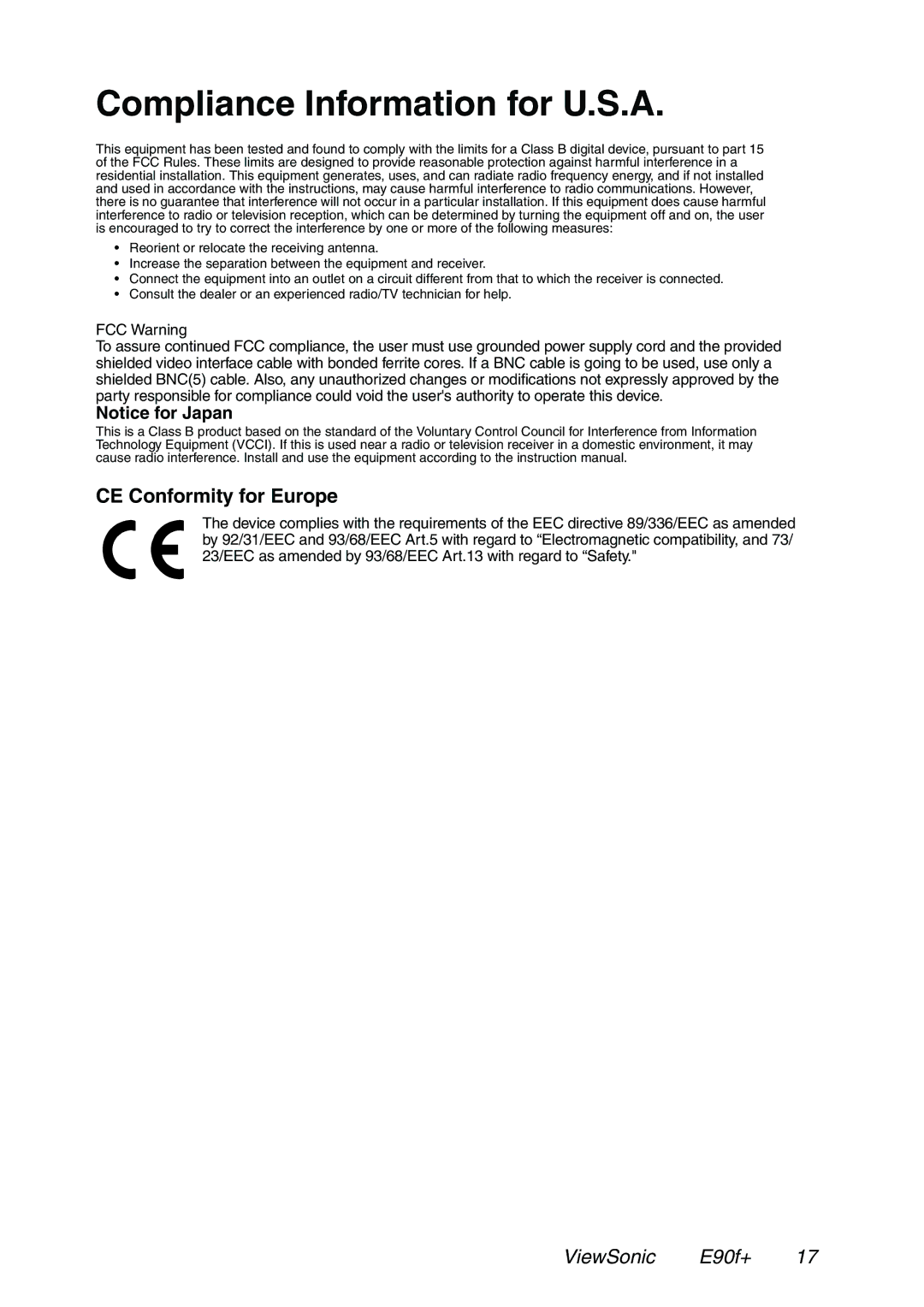 ViewSonic E90f+ manual Compliance Information for U.S.A, CE Conformity for Europe 