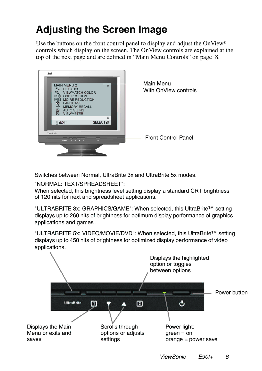 ViewSonic E90f+ manual Adjusting the Screen Image, Main Menu 