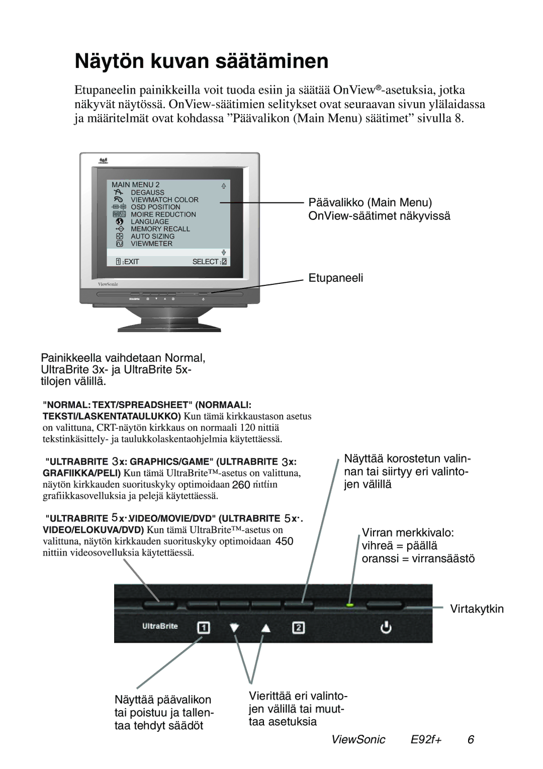 ViewSonic E92F+, E92f+SB manual Näytön kuvan säätäminen, Main Menu 