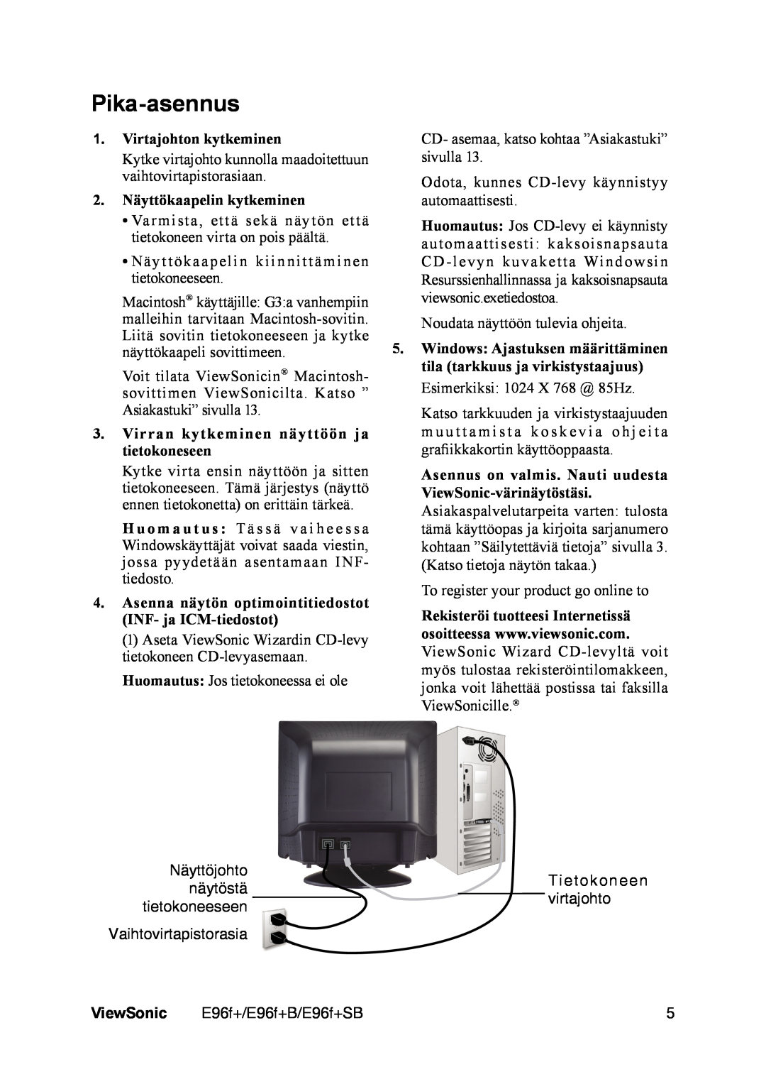 ViewSonic E96f+ manual Pika-asennus, Virtajohton kytkeminen, 2. Näyttökaapelin kytkeminen, ViewSonic 