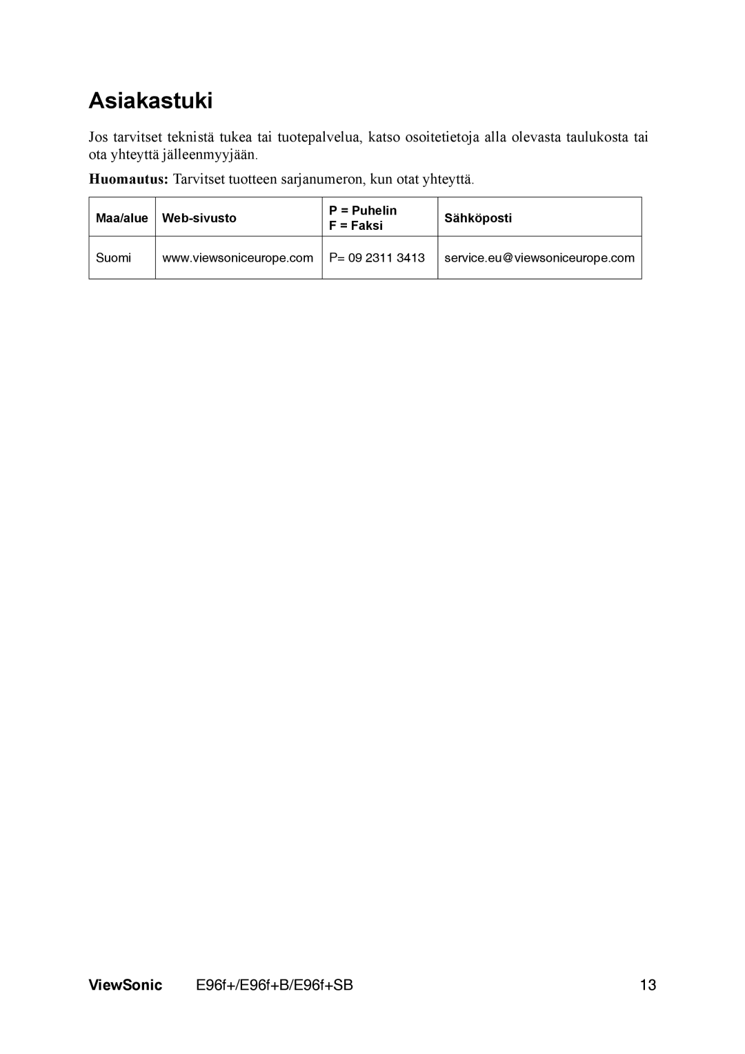 ViewSonic E96f+ manual Asiakastuki 