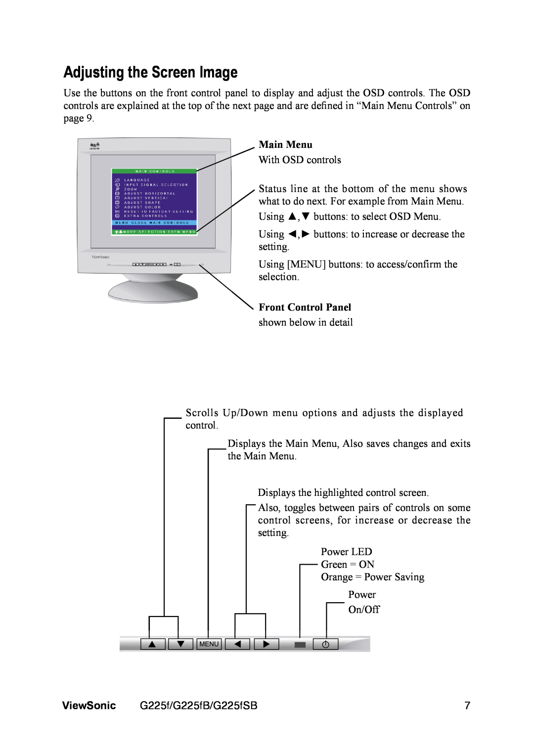 ViewSonic G225FB manual Adjusting the Screen Image, Main Menu, Front Control Panel, ViewSonic 