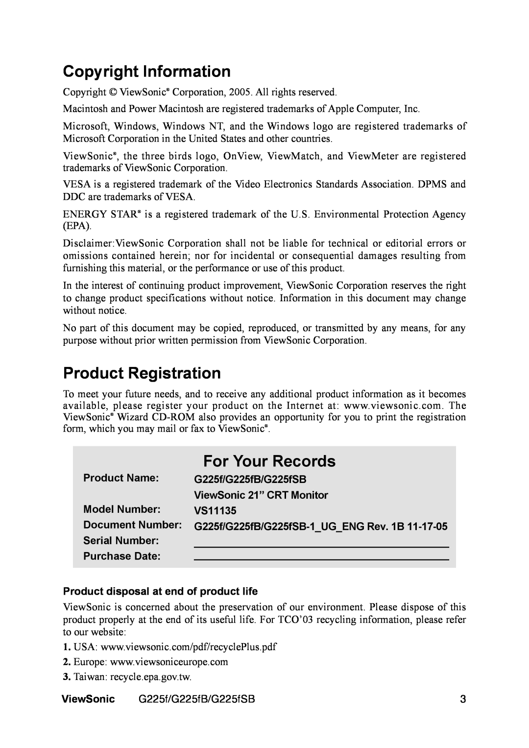 ViewSonic G225F Copyright Information, Product Registration, For Your Records, Product Name, G225f/G225fB/G225fSB, VS11135 