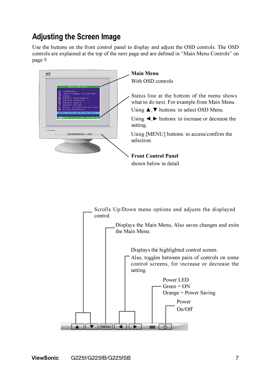 ViewSonic G225FB manual Adjusting the Screen Image, Main Menu, Front Control Panel 