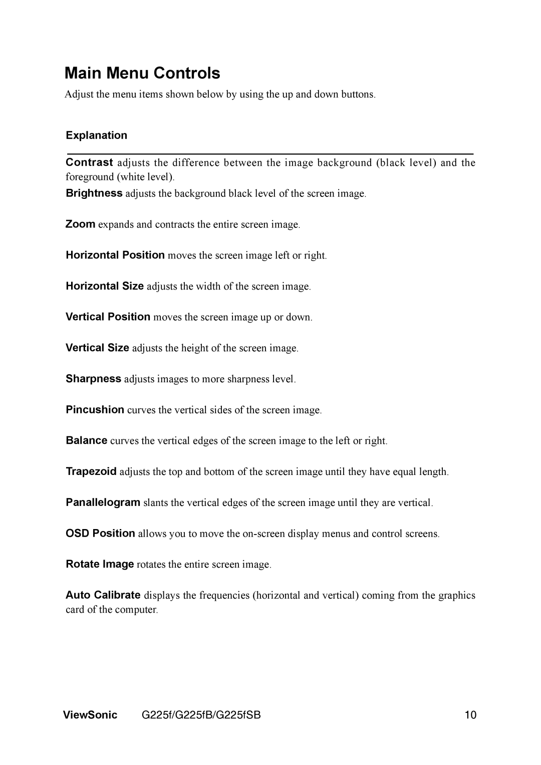 ViewSonic G225FB manual Main Menu Controls, Explanation 