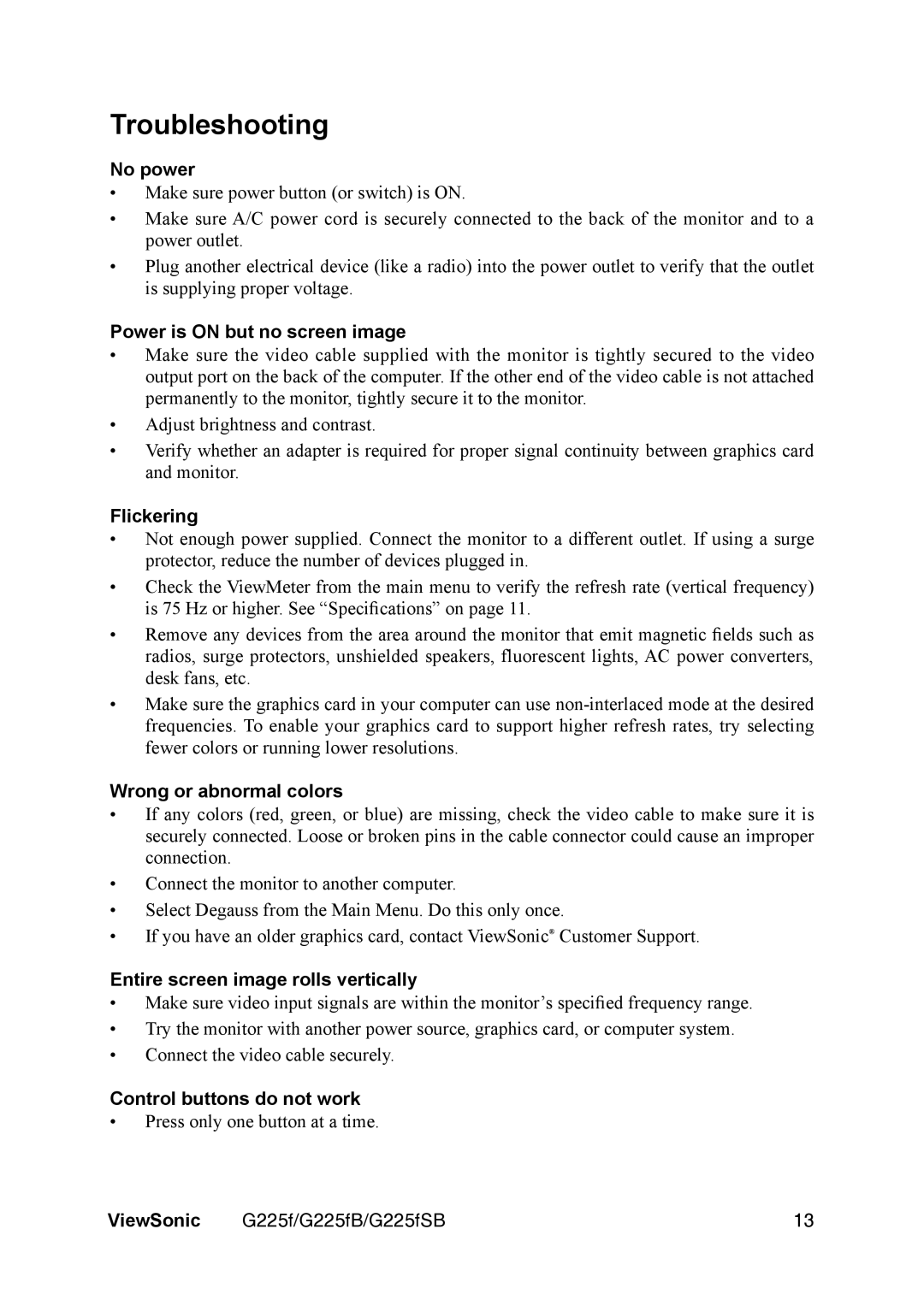 ViewSonic G225FB manual Troubleshooting 