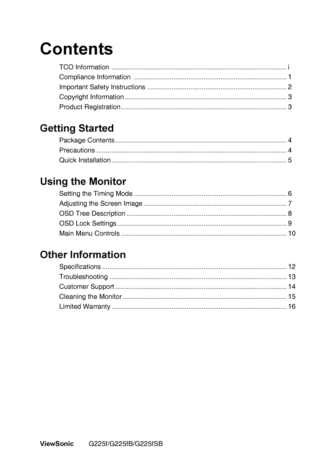 ViewSonic G225FB manual Contents 