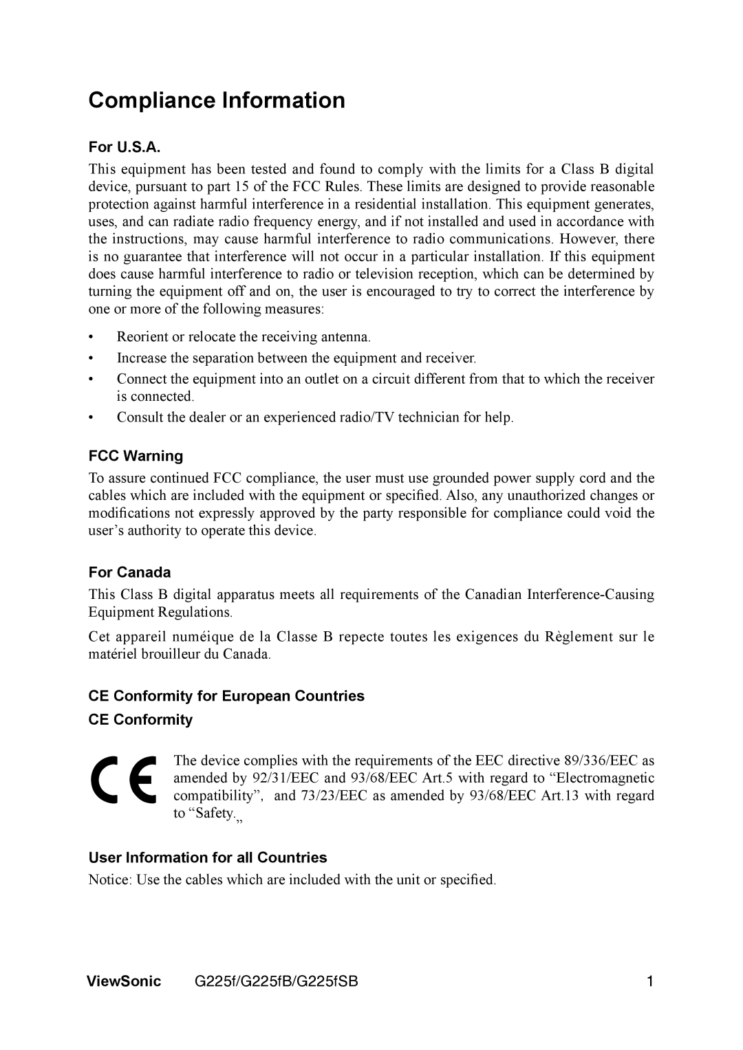 ViewSonic G225FB manual Compliance Information 