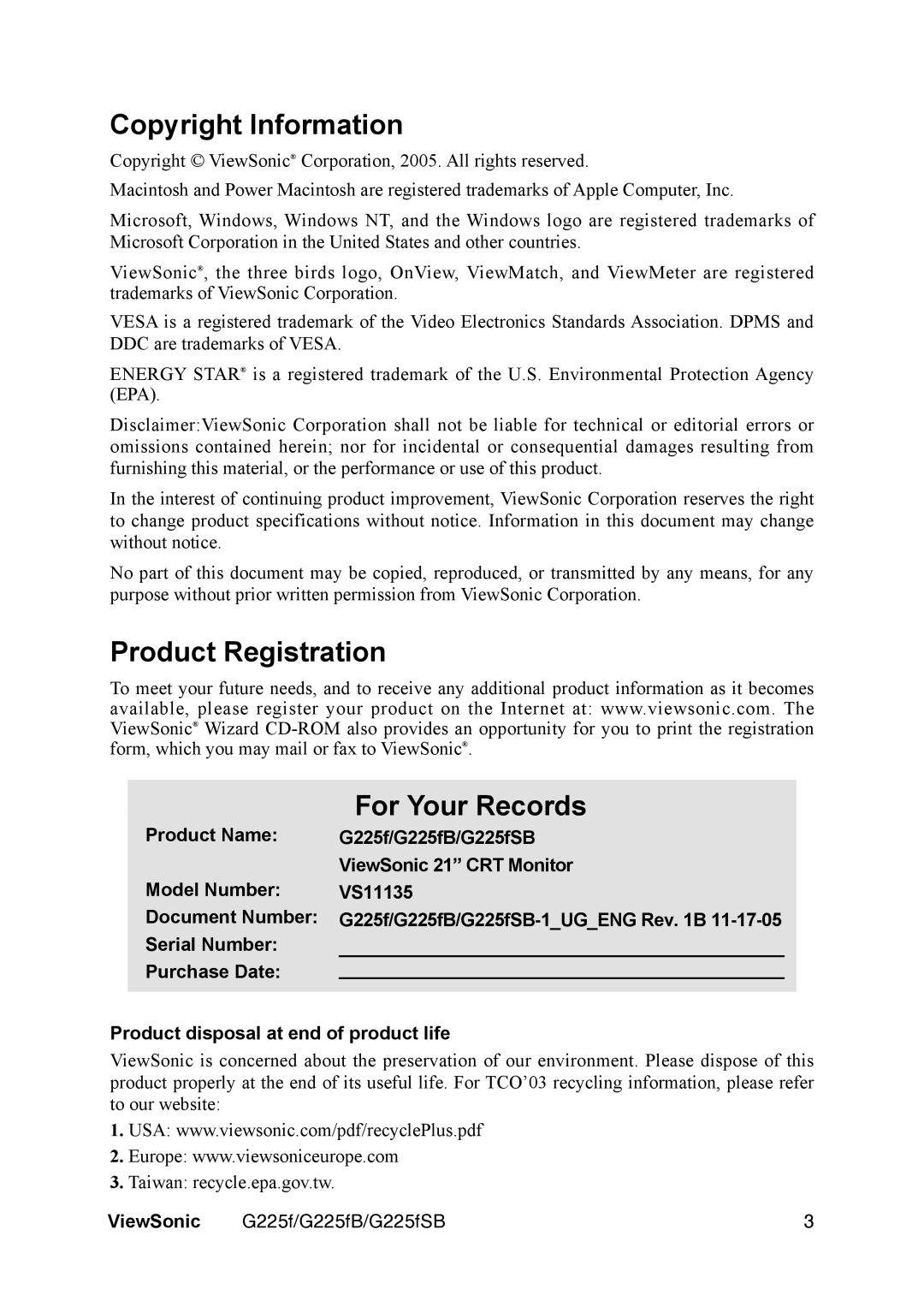 ViewSonic G225FB Copyright Information, Product Registration, For Your Records, Product Name, G225f/G225fB/G225fSB 