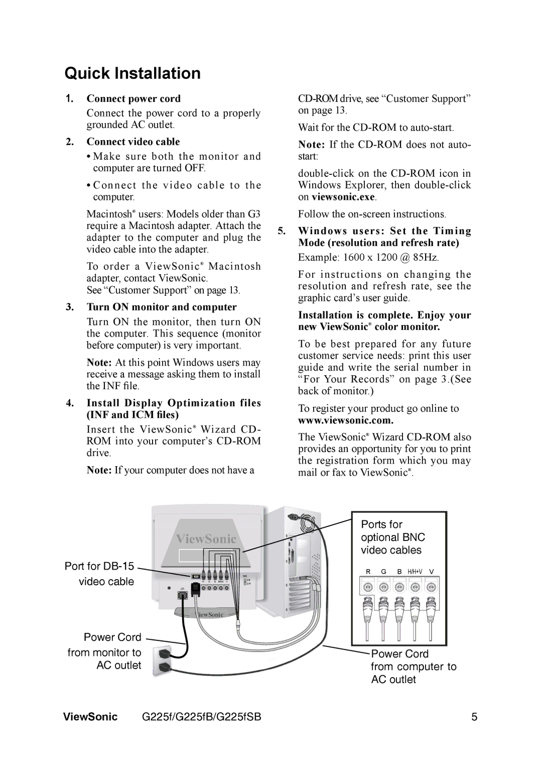 ViewSonic G225FB manual Quick Installation 