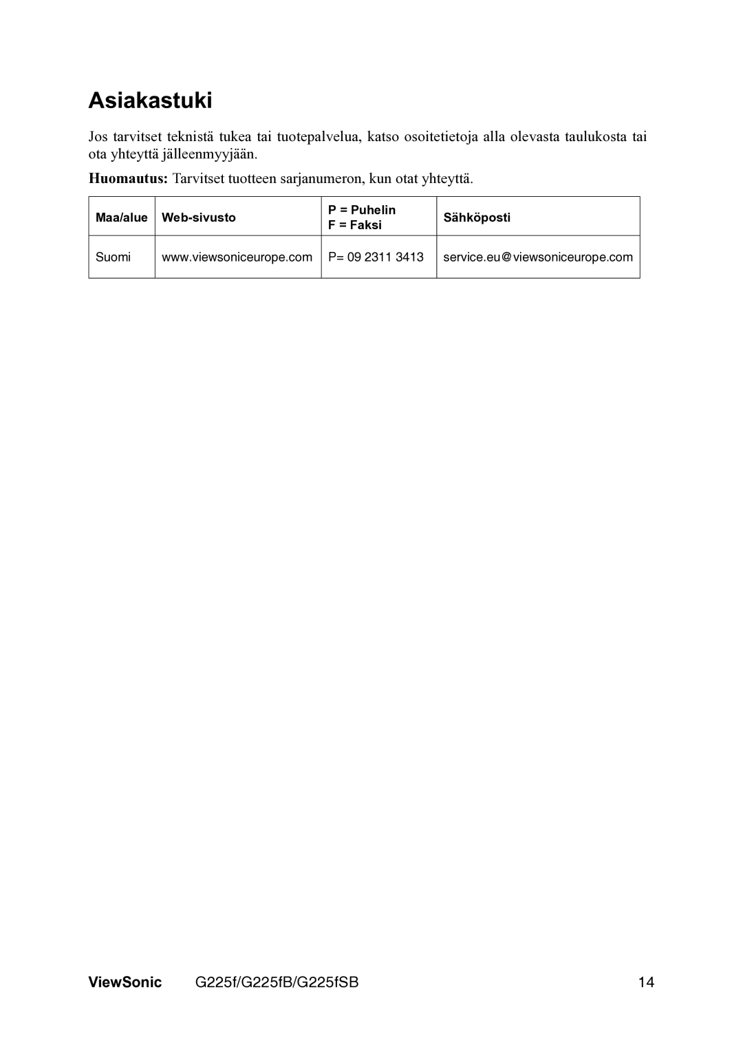 ViewSonic G225fSB manual Asiakastuki 