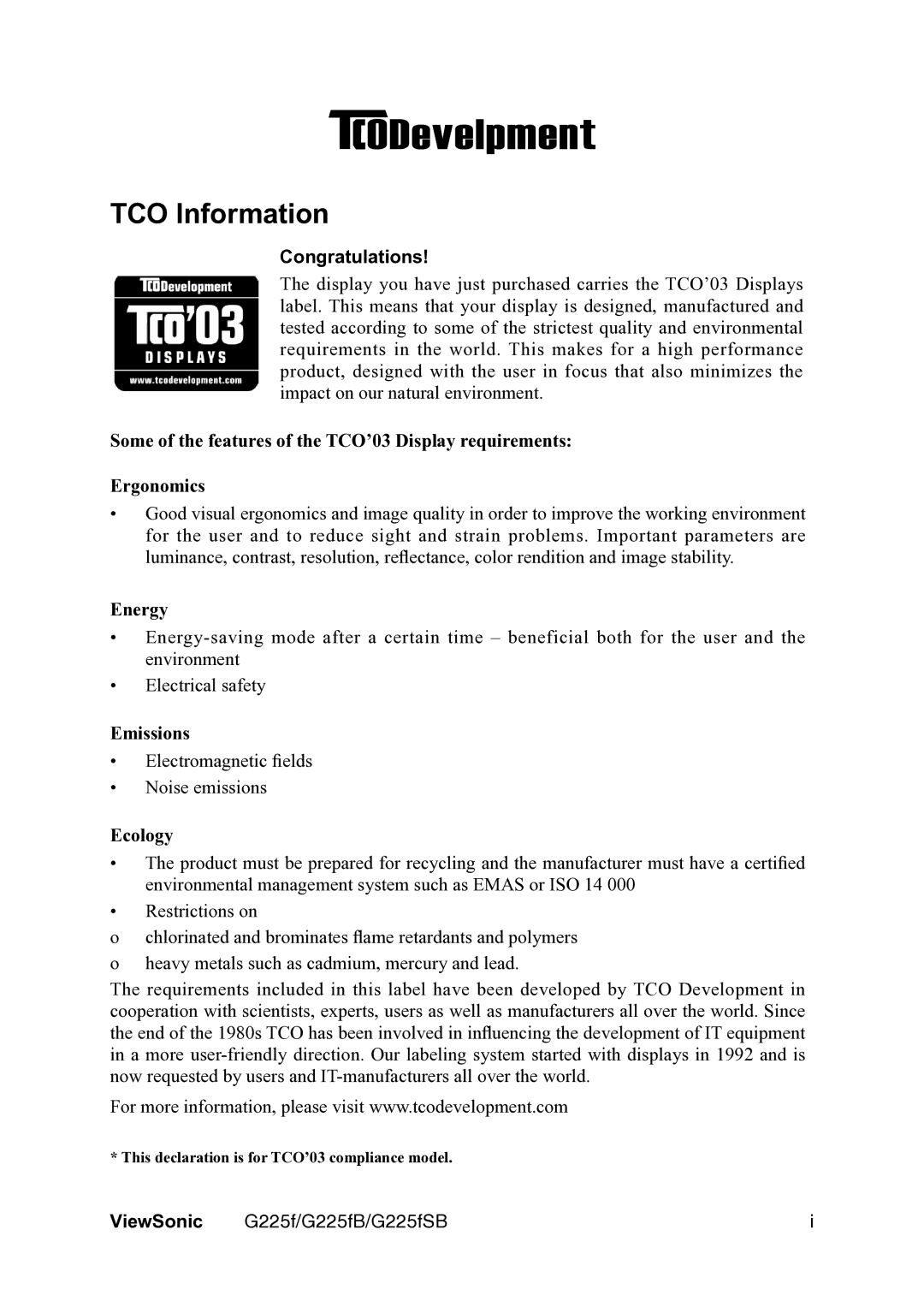 ViewSonic G225fSB manual TCO Information, Congratulations, ViewSonic 