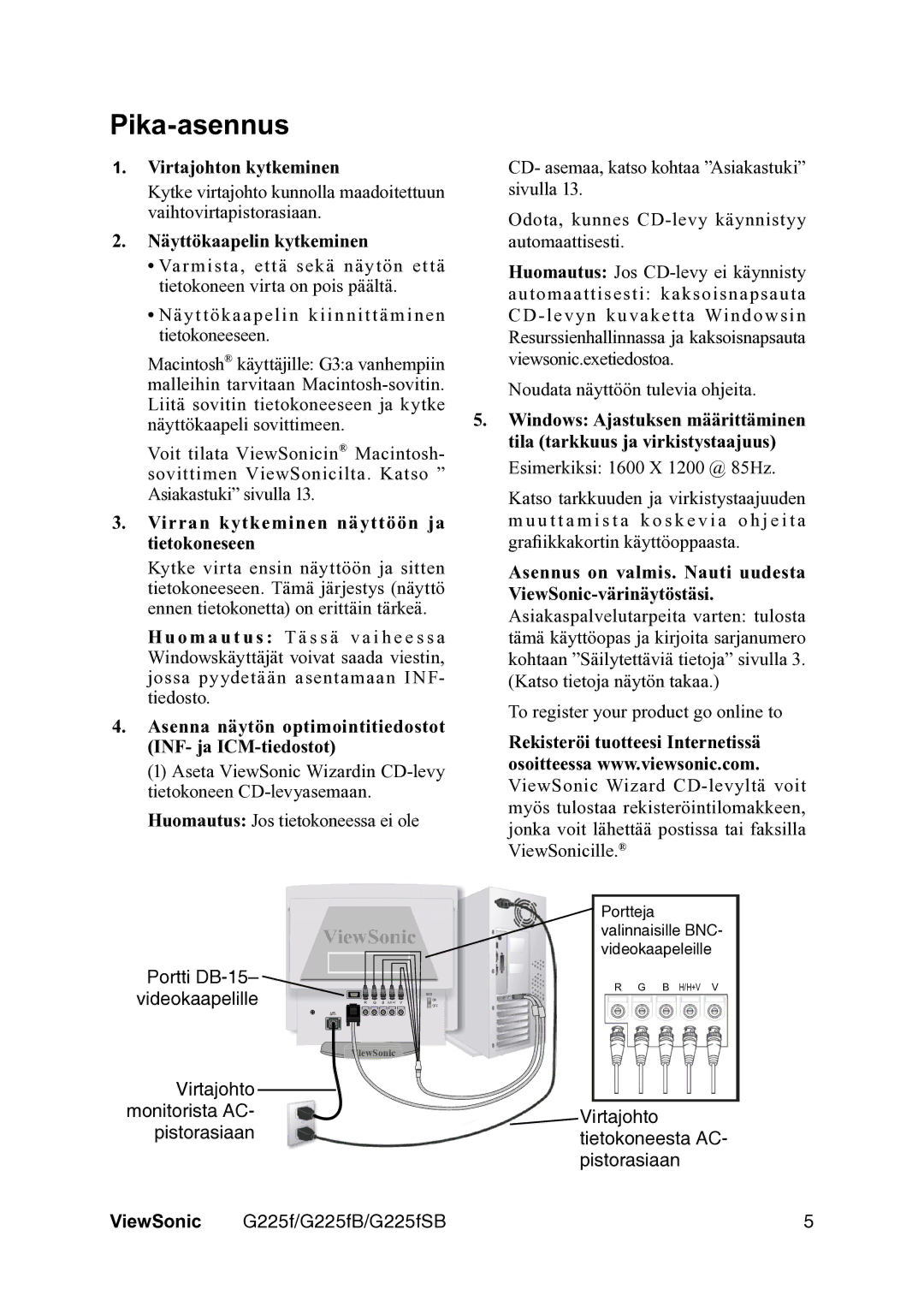 ViewSonic G225fSB manual Pika-asennus, Virtajohton kytkeminen, Näyttökaapelin kytkeminen 