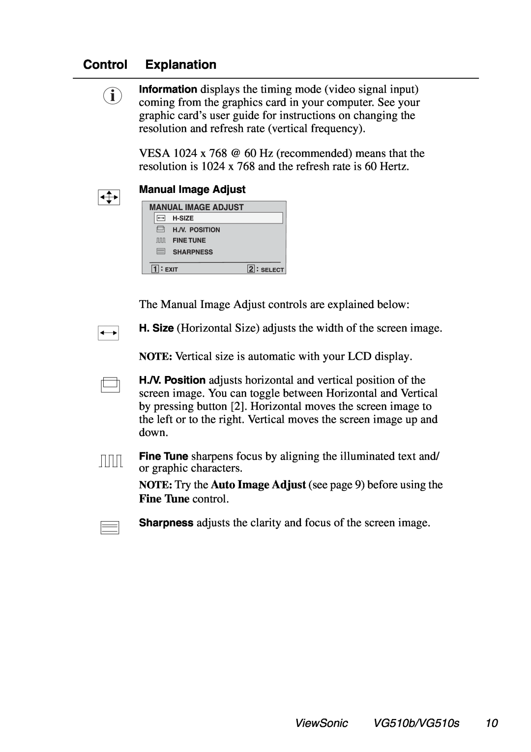 ViewSonic VG510b, VG510s manual Control Explanation, Fine Tune control, Manual Image Adjust 