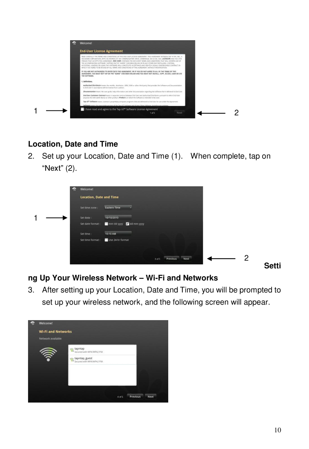 ViewSonic GTUG010411, GTABLET manual Location, Date and Time, Setti Ng Up Your Wireless Network Wi-Fi and Networks 