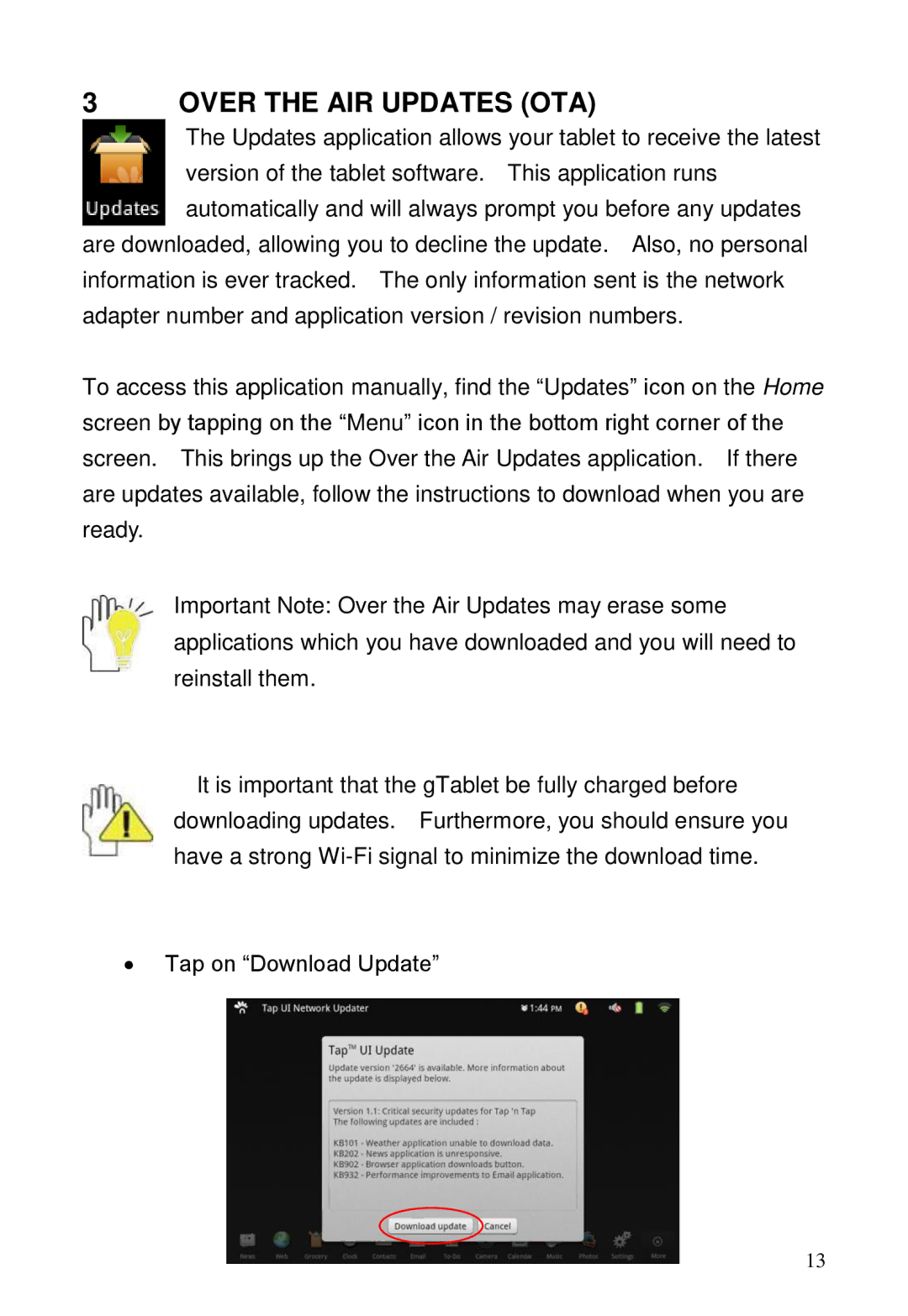 ViewSonic GTABLET, GTUG010411 manual Over the AIR Updates OTA 