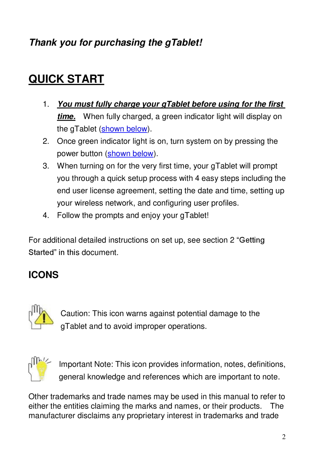 ViewSonic GTUG010411, GTABLET manual Quick Start, Icons 