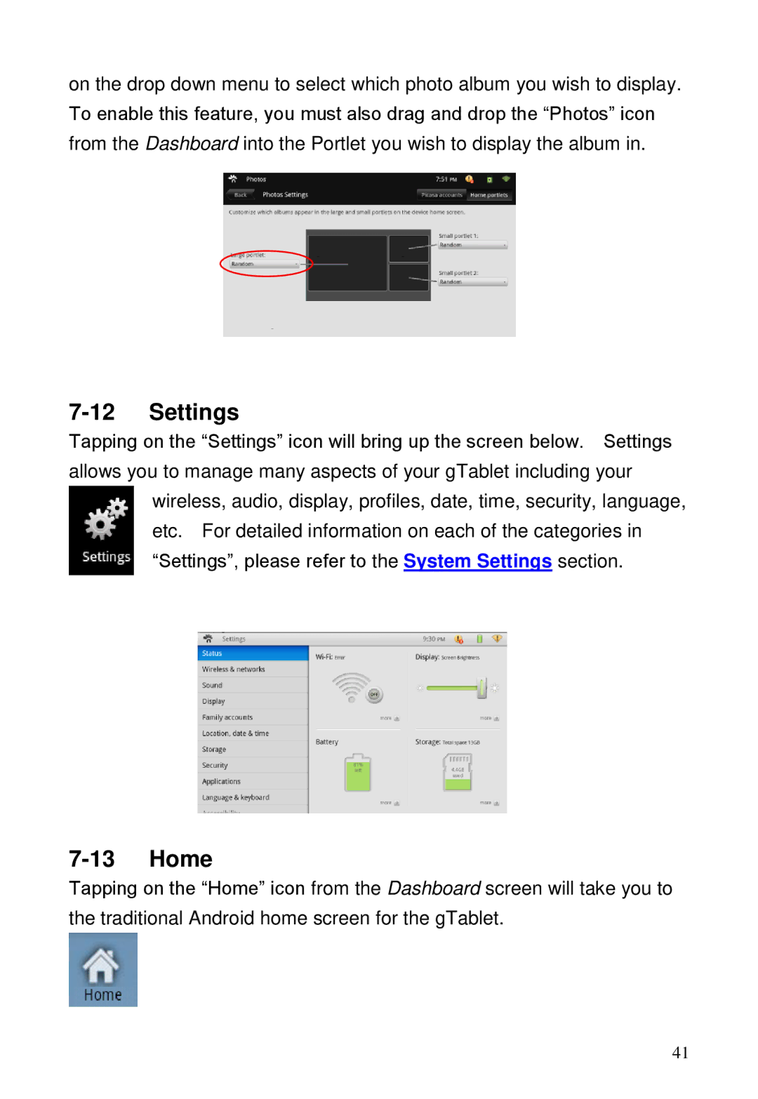 ViewSonic GTABLET, GTUG010411 manual Settings, Home 