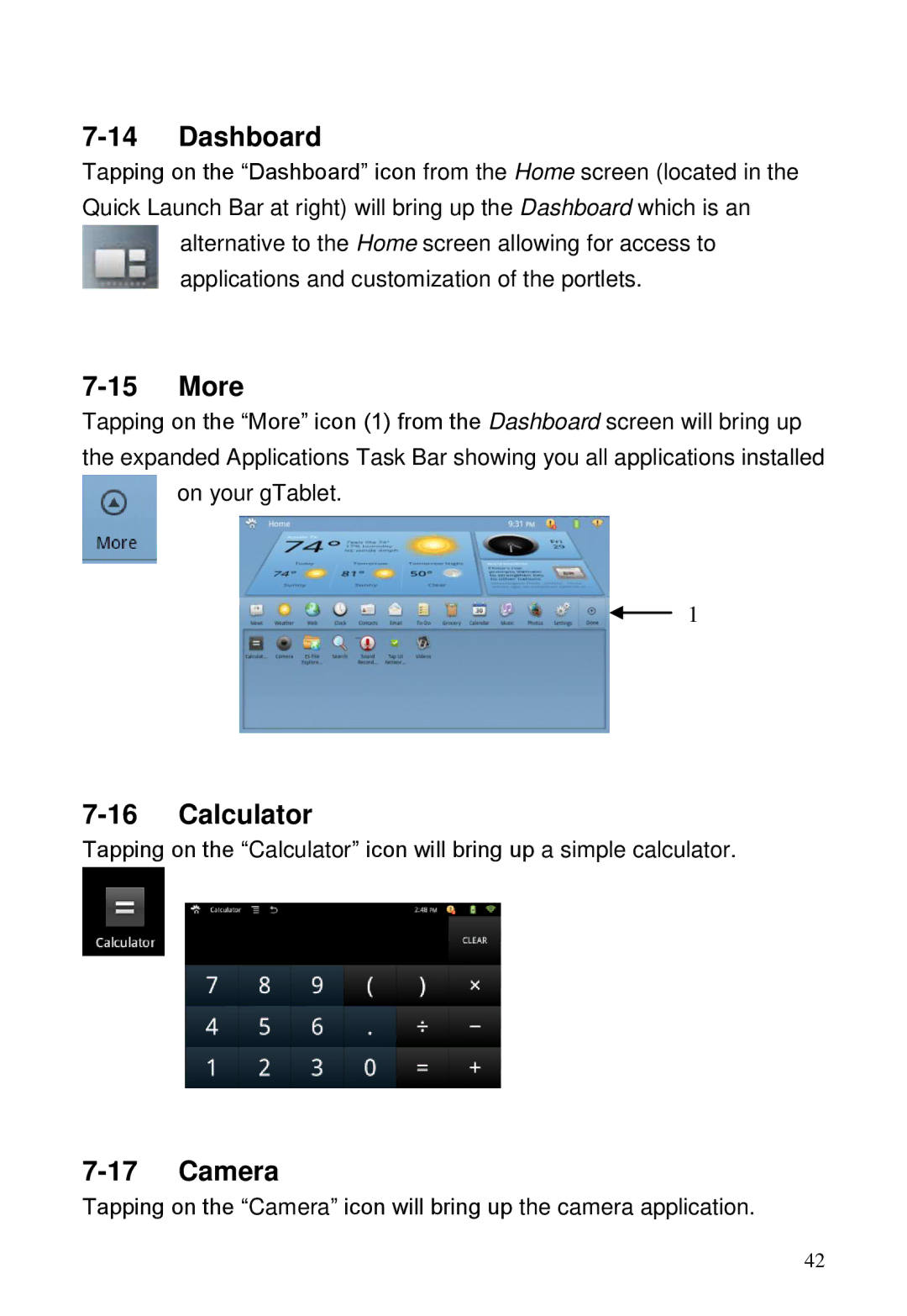 ViewSonic GTUG010411, GTABLET manual Dashboard, More, Calculator, Camera 