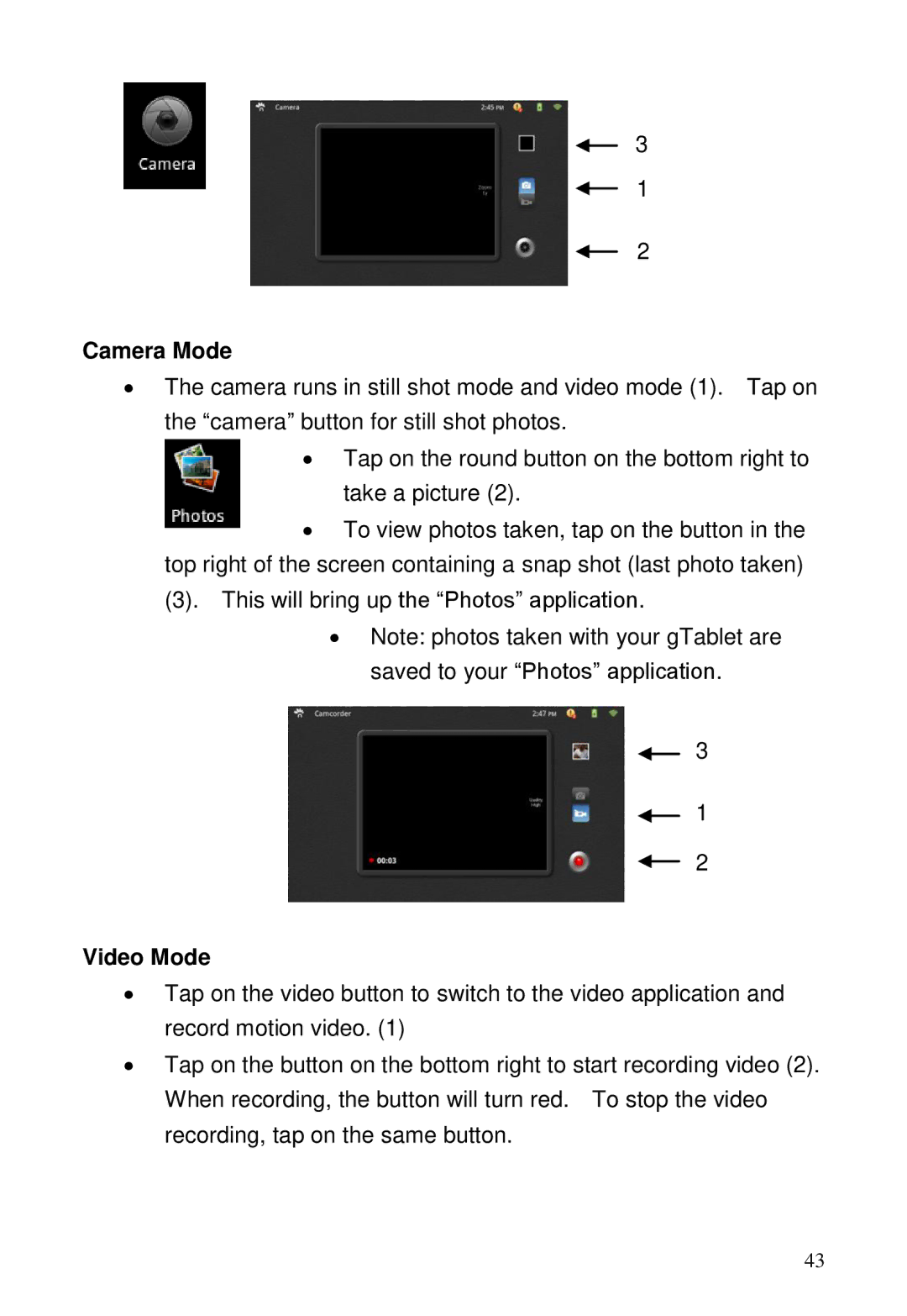 ViewSonic GTABLET, GTUG010411 manual Camera Mode, Video Mode 