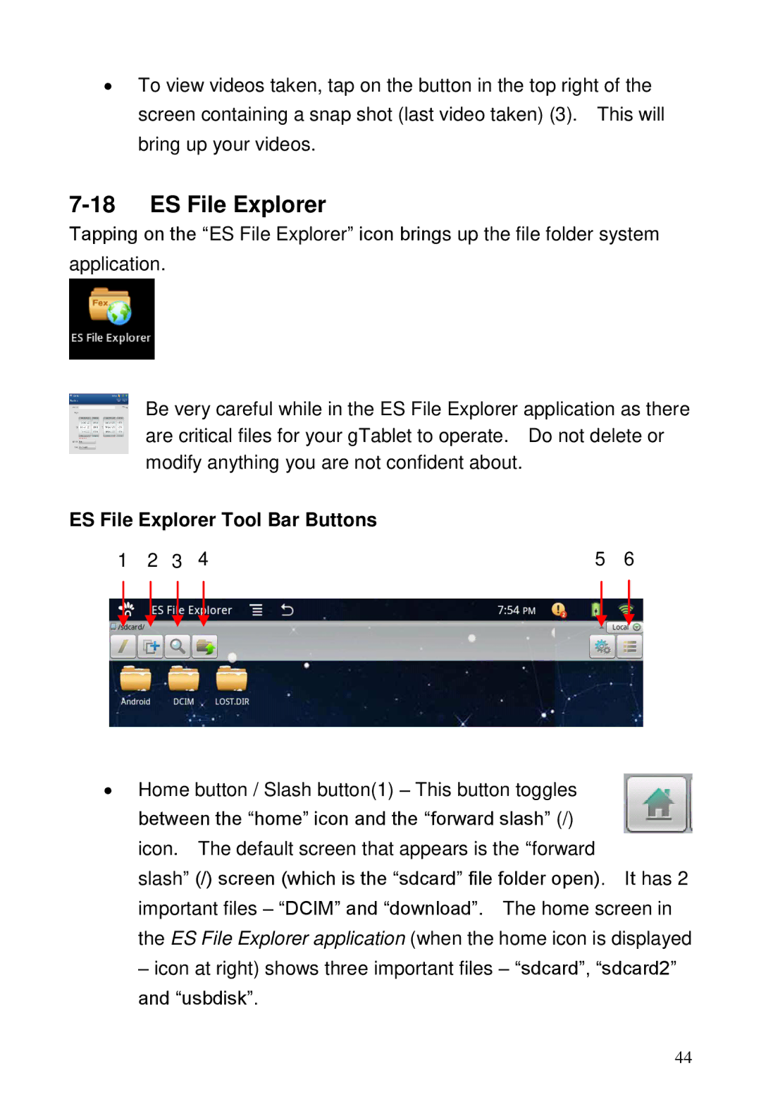 ViewSonic GTUG010411, GTABLET manual ES File Explorer Tool Bar Buttons 