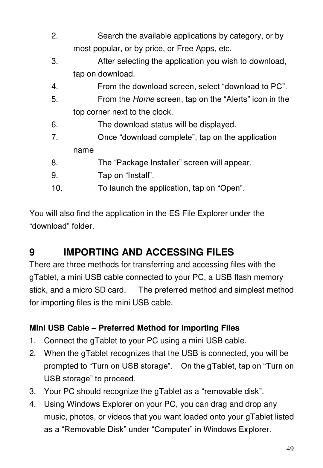 ViewSonic GTABLET, GTUG010411 manual Importing and Accessing Files, Mini USB Cable Preferred Method for Importing Files 