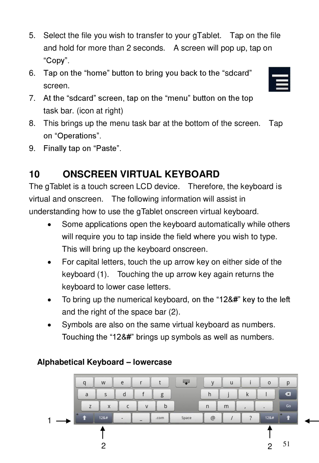 ViewSonic GTABLET, GTUG010411 manual Onscreen Virtual Keyboard, Alphabetical Keyboard lowercase 