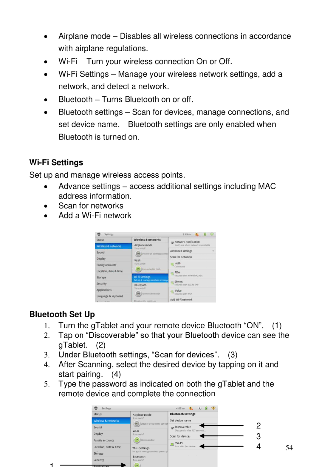 ViewSonic GTUG010411, GTABLET manual Wi-Fi Settings, Bluetooth Set Up 