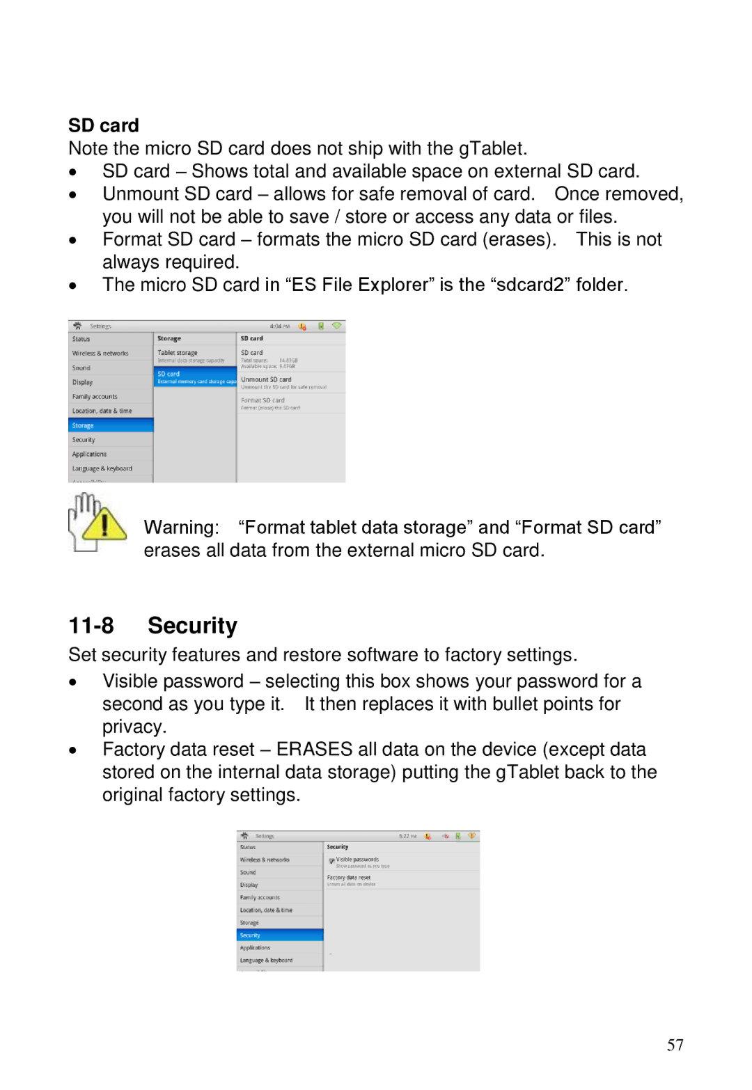 ViewSonic GTABLET, GTUG010411 manual Security, SD card 