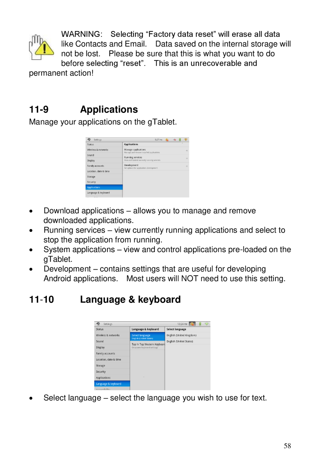 ViewSonic GTUG010411, GTABLET manual Applications, Language & keyboard 