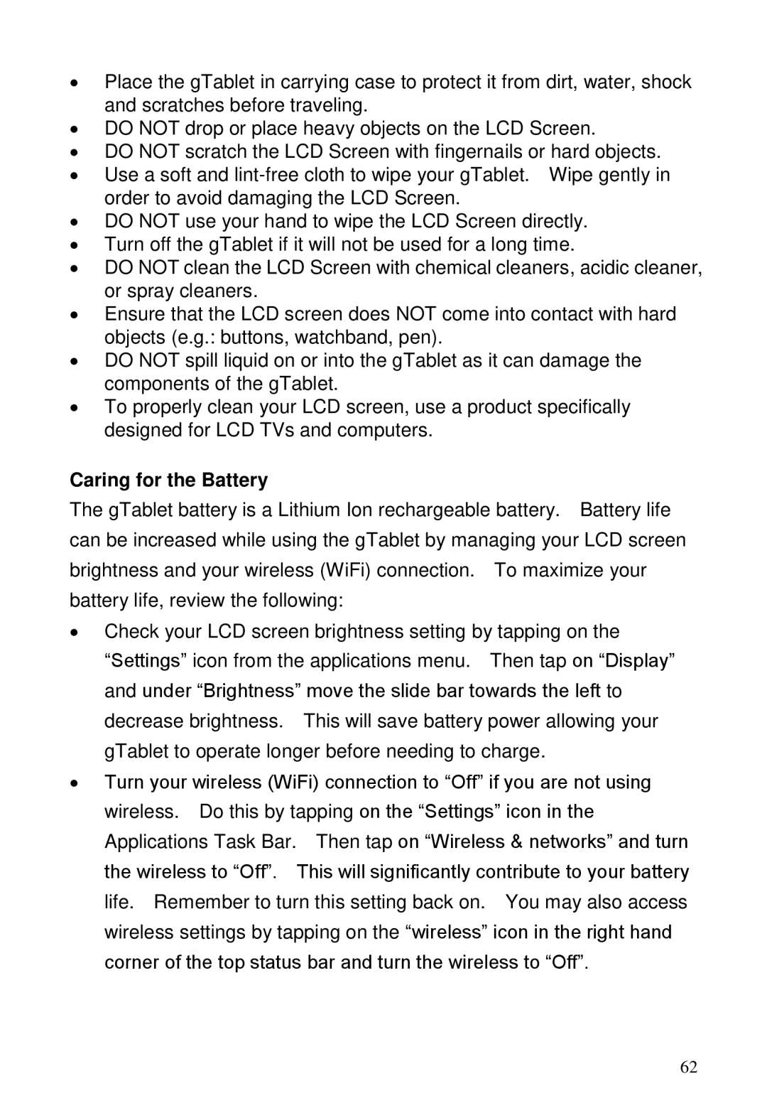 ViewSonic GTUG010411, GTABLET manual Caring for the Battery 