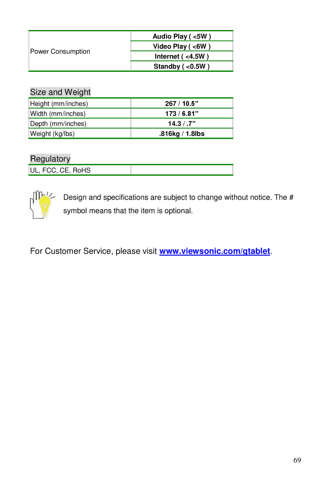 ViewSonic GTABLET, GTUG010411 manual Size and Weight 