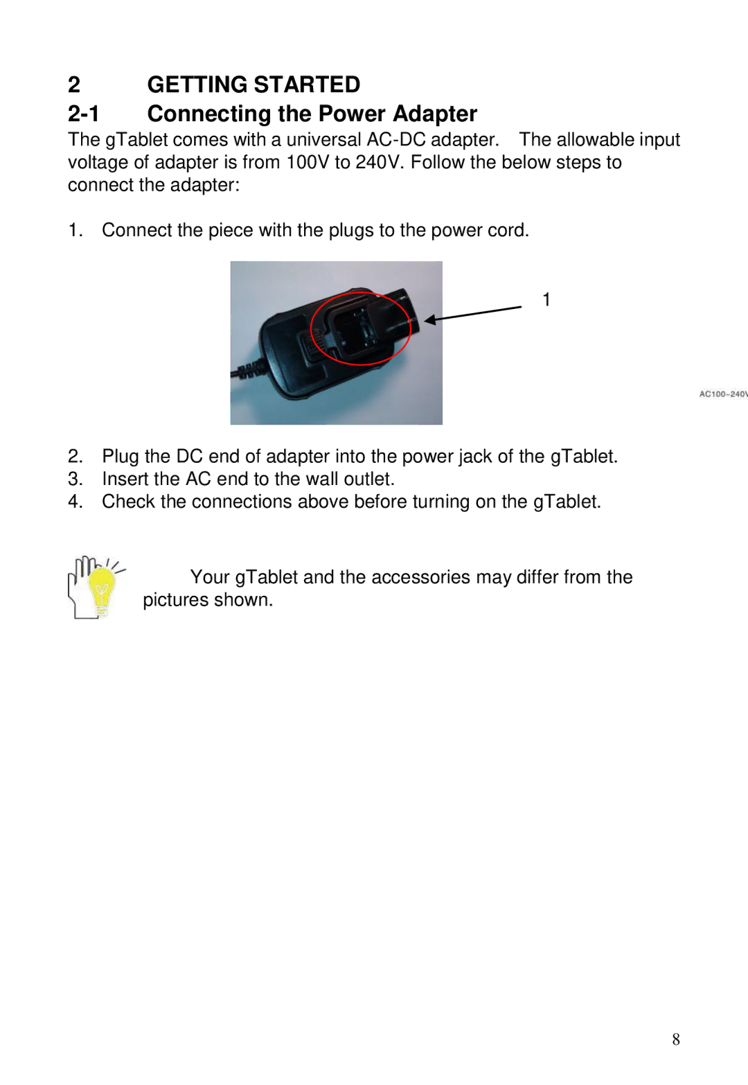 ViewSonic GTUG010411, GTABLET manual Getting Started, Connecting the Power Adapter 