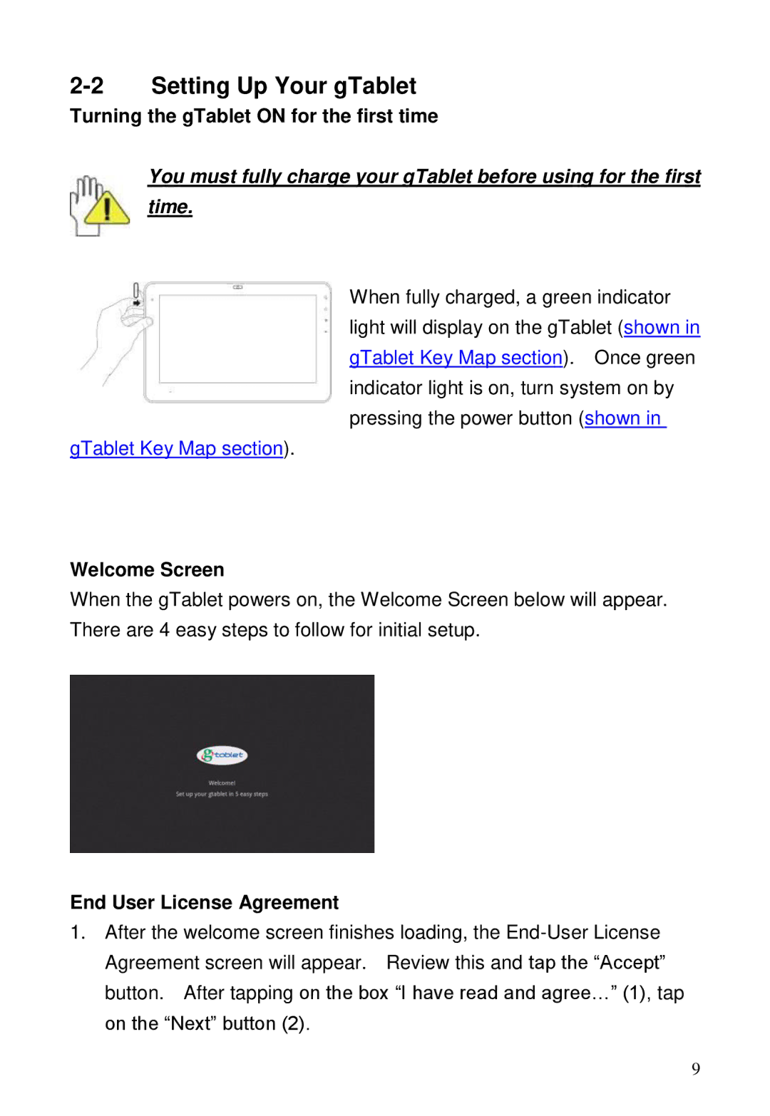 ViewSonic GTABLET, GTUG010411 manual Setting Up Your gTablet, Turning the gTablet on for the first time, Welcome Screen 