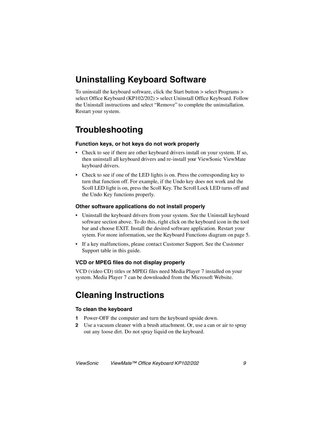 ViewSonic KP202, KP102 manual Uninstalling Keyboard Software, Troubleshooting, Cleaning Instructions 