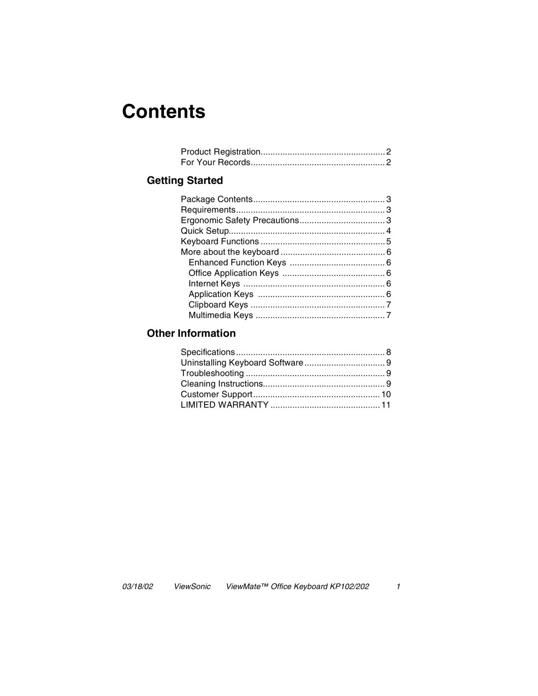 ViewSonic KP202, KP102 manual Contents 