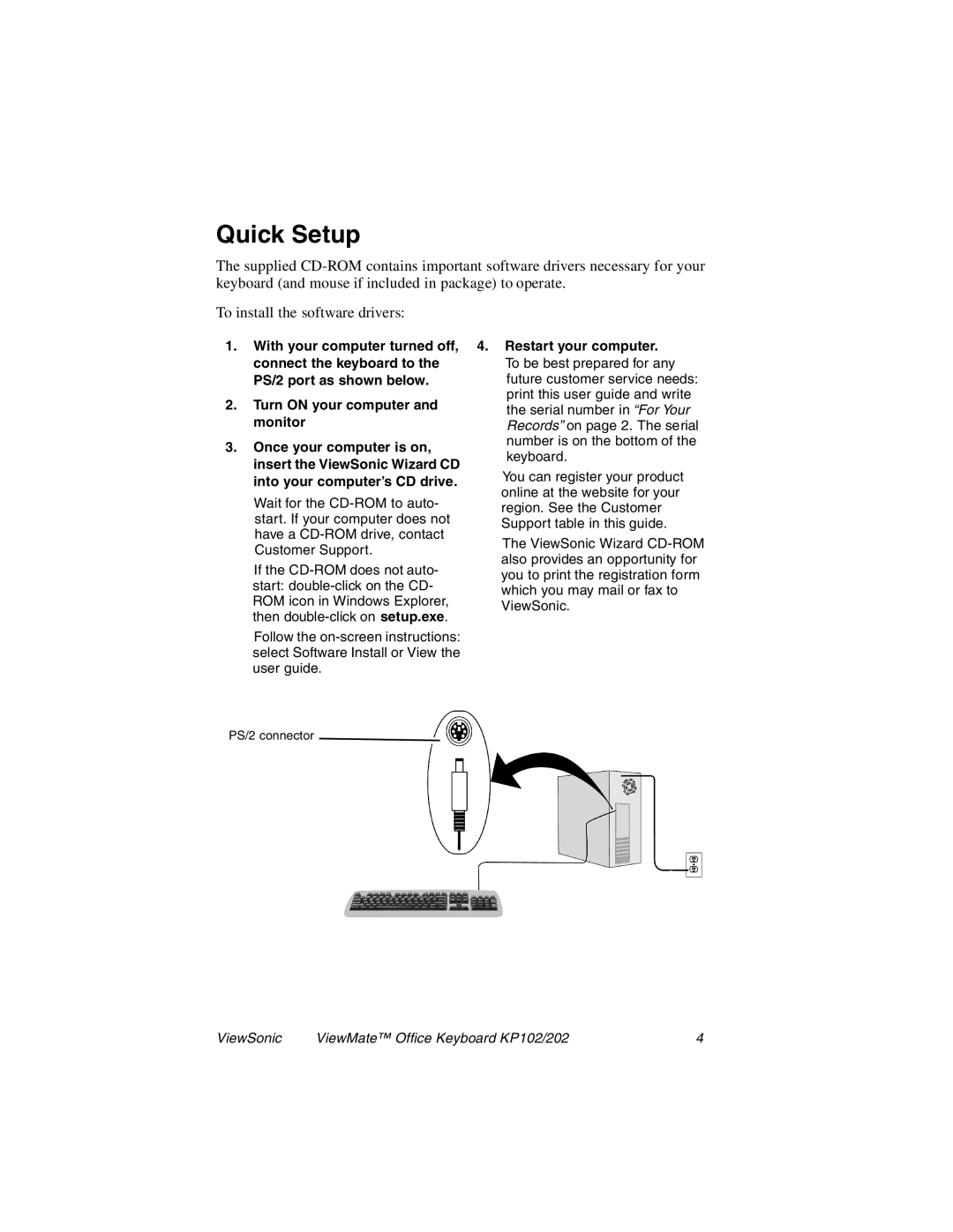 ViewSonic KP102, KP202 manual Quick Setup 